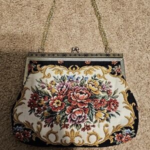 Vintage Floral Tapestry Evening Bag in Black and Cream